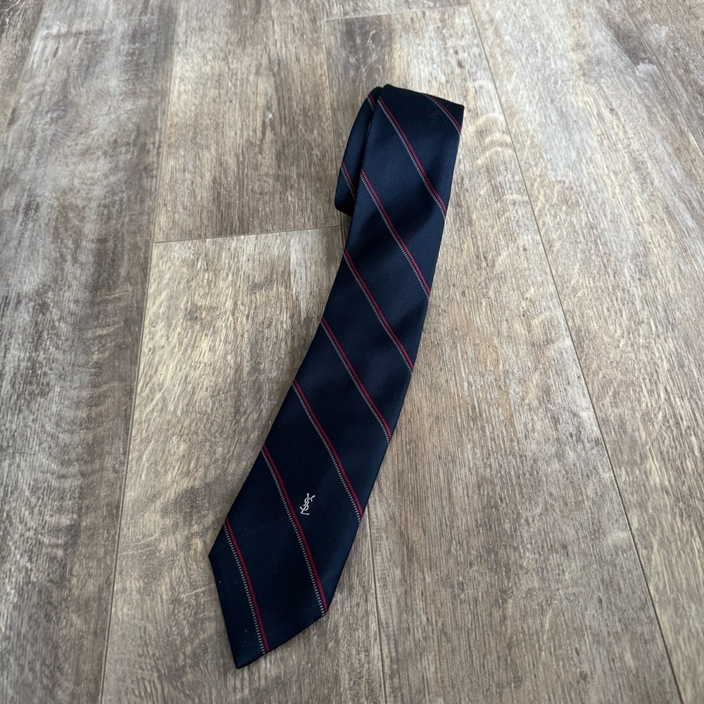 Yves Saint Laurent (YSL) Designer Navy and Red Striped Silk Tie with “YSL” Logo
